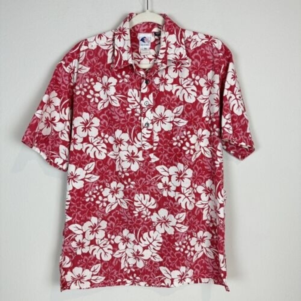 Vintage Nui Nalu Hawaiian Half Button Up Red Aloha Shirt Floral USA M